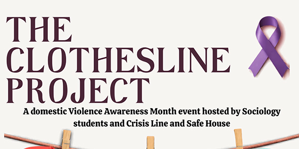 Flyer for "The Clothesline Project," a Domestic Violence Awareness Month event on October 22, 2026, from 10 AM to 2 PM in front of Student Life on the MGA Macon Campus, inviting participants to make a t-shirt to share their story and support survivors.